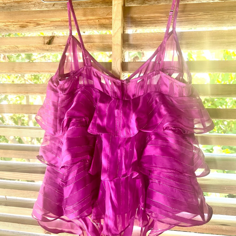 Rebecca Taylor SILK Metal Gold Sheer Ruffled Camisole Tank Top